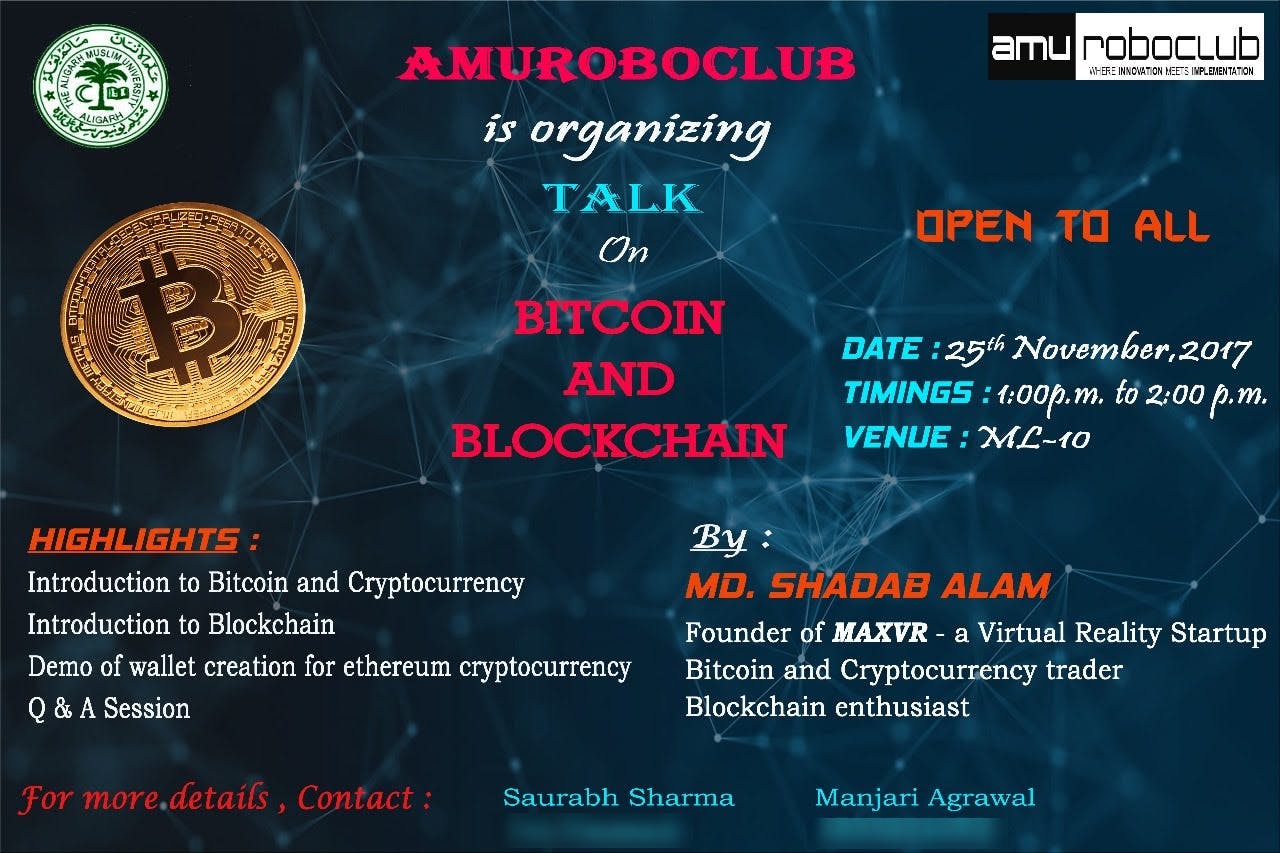 Poster for Shadab’s 2017 Bitcoin and blockchain talk at AMU